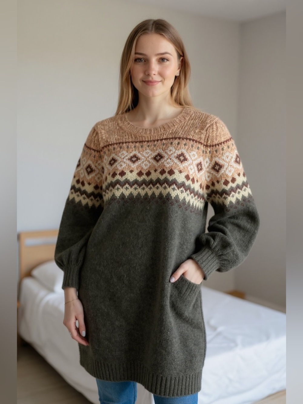 Zara Nordic Multicolor Knit Sweater Dress Wool Blend M